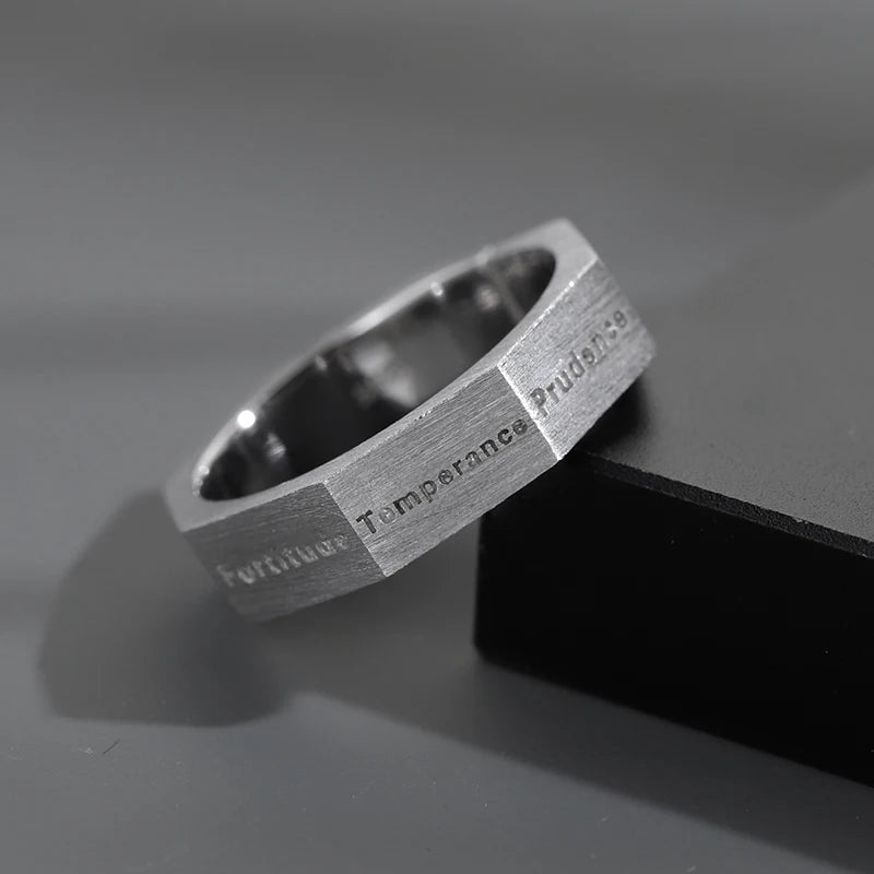 Binshuo Anillo Custom 925 Silver the Eight Virtues Alphabet Fashionable Retro Octagonal Opening Ring Wholesale Men's Ring