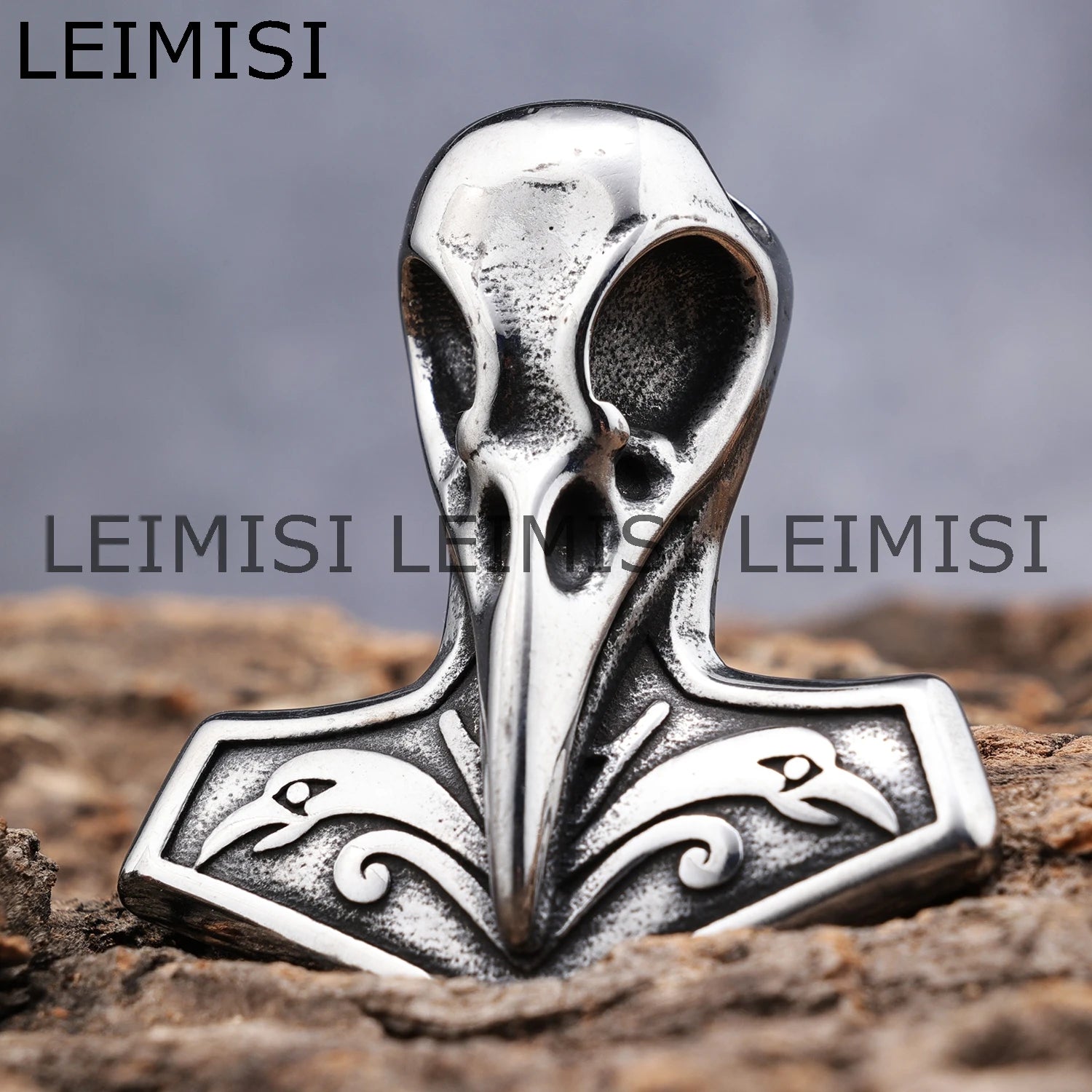 Gothic Style Nordic Viking Jewelry Stainless Steel Silver Bird Raven Skull Pendant Necklace Wholesale