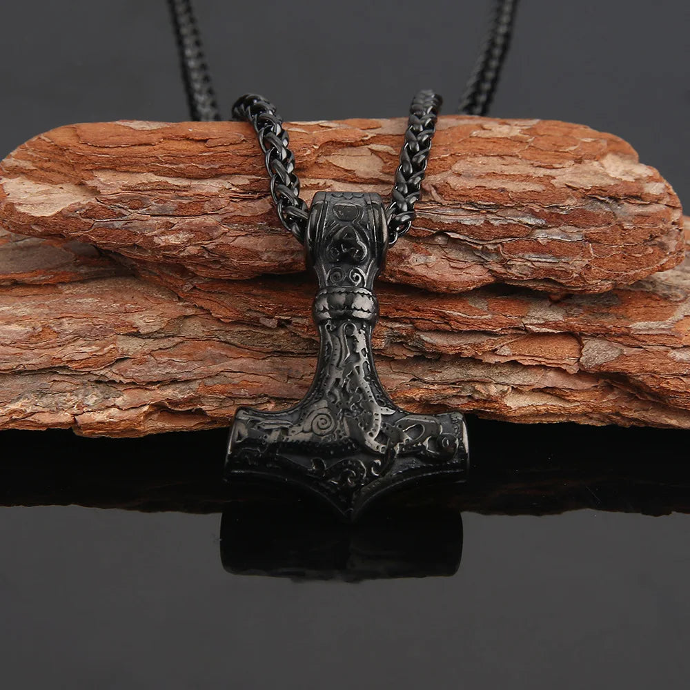 Norse Amulet Stainless Steel Viking Thor's Hammer Pendant Necklace for Men Nordic Celtic Gold Plated Chains Men's Jewelry