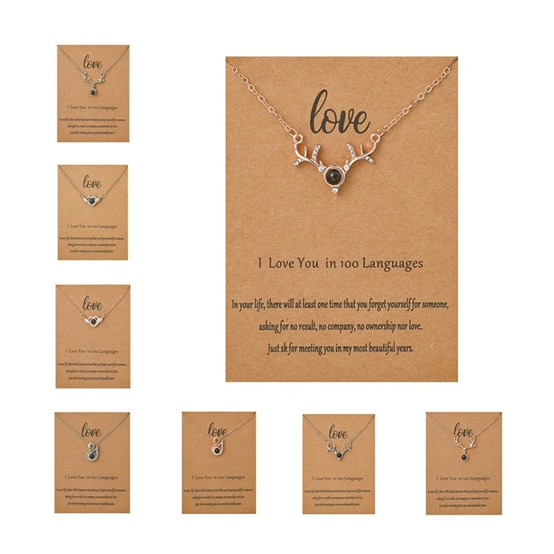Christmas Gift 100 Language I Love You Crystal Rhinestone Deer Antler Heart Angel Wing Pendant Make a Wish Necklace