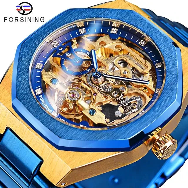 Forsining 2024 New Men Automatic Watch 3D Diamond Skeleton Hollow Mens Wristwatches Luminous Watches Tourbillon Montre Homme