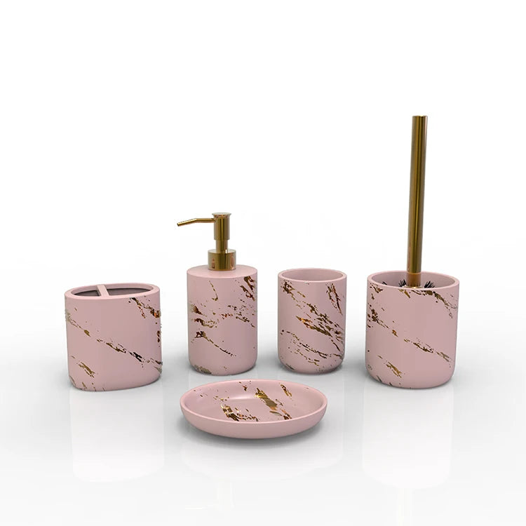 Modern Gold Marble Design Five-piece Eco-Friendly Ceramic Bathroom Accessories Set Decal Custom Logo for Home Hotel Shower Room