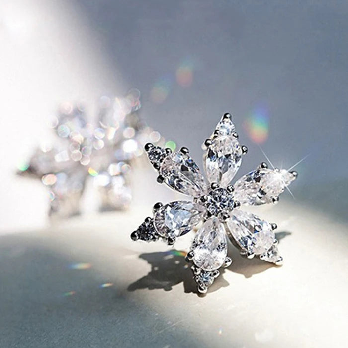 CAOSHI Luxury Korean Chic 925 Silver Plated Cubic Zircon Diamond Elegant Bridal Flower Stud Earrings Women
