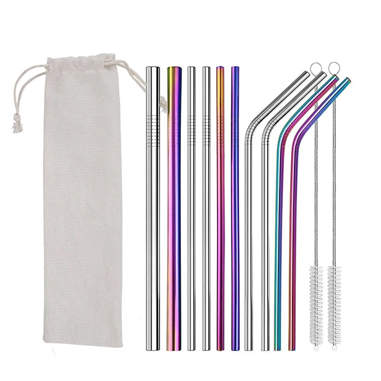 New Hot Sale Reusable Metal Drinking Straws Stainless Steel Straws Set with Pouch Bag for 20 oz Tumblers