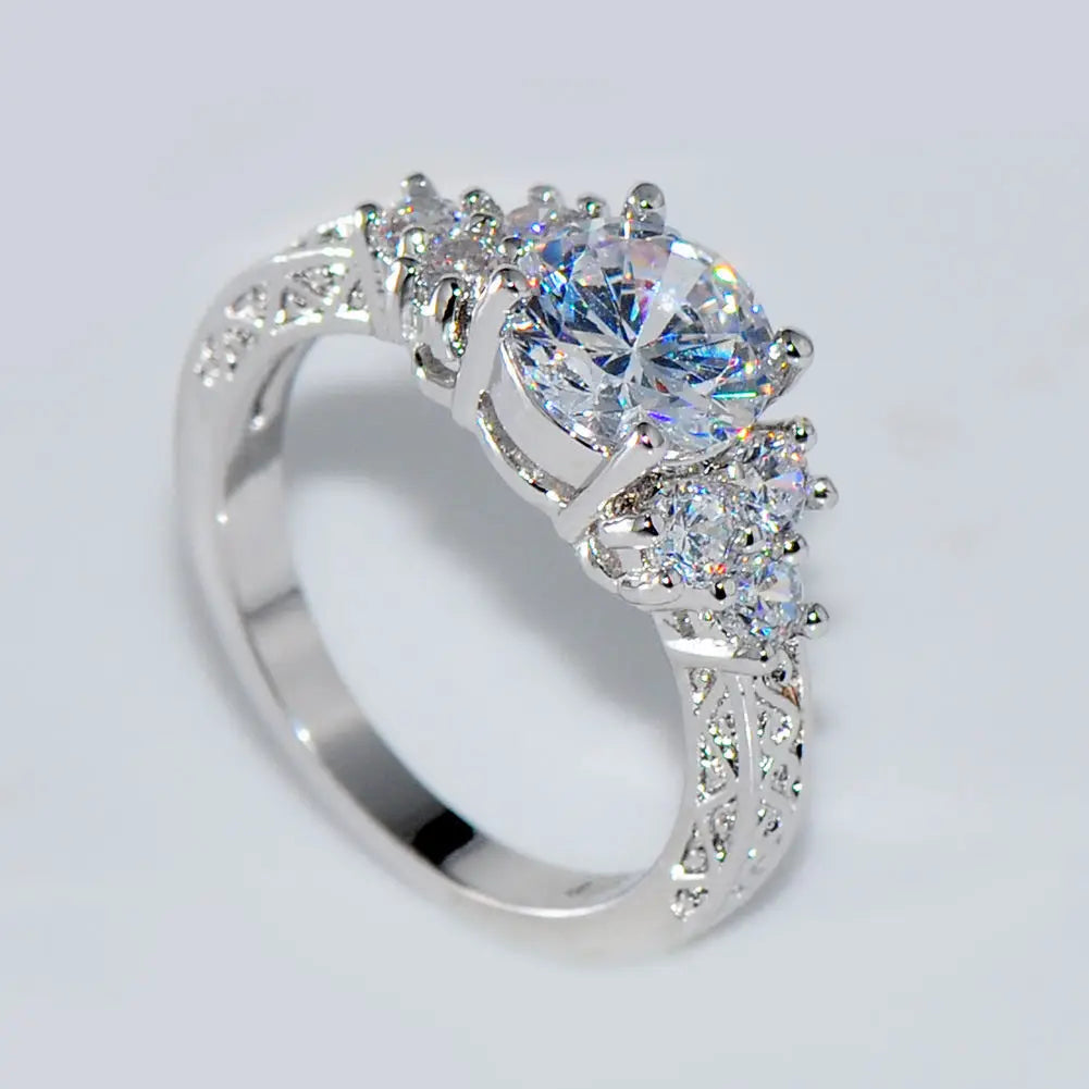 SC Exquisite Fashion Silver Color Engagement Rings Women Anniversary Bridal Wedding Jewelry Shiny White Zircon Diamond Ring