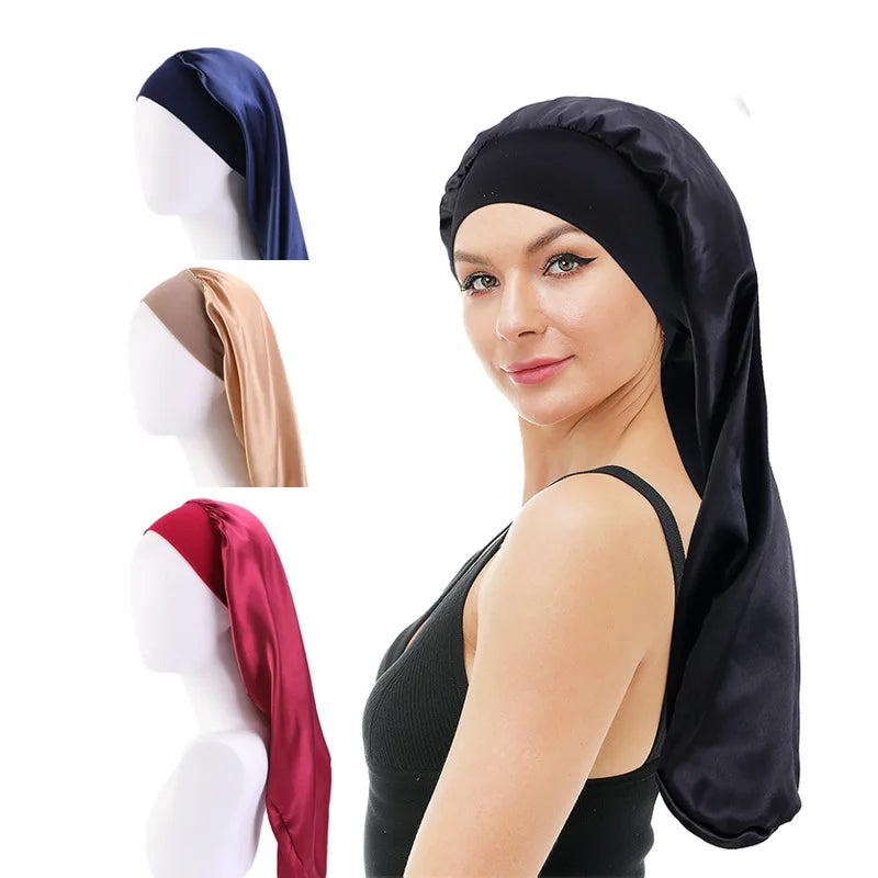Custom logo Foldable Extra Long Wrap Braids Satin Bonnets Sleeping Hat