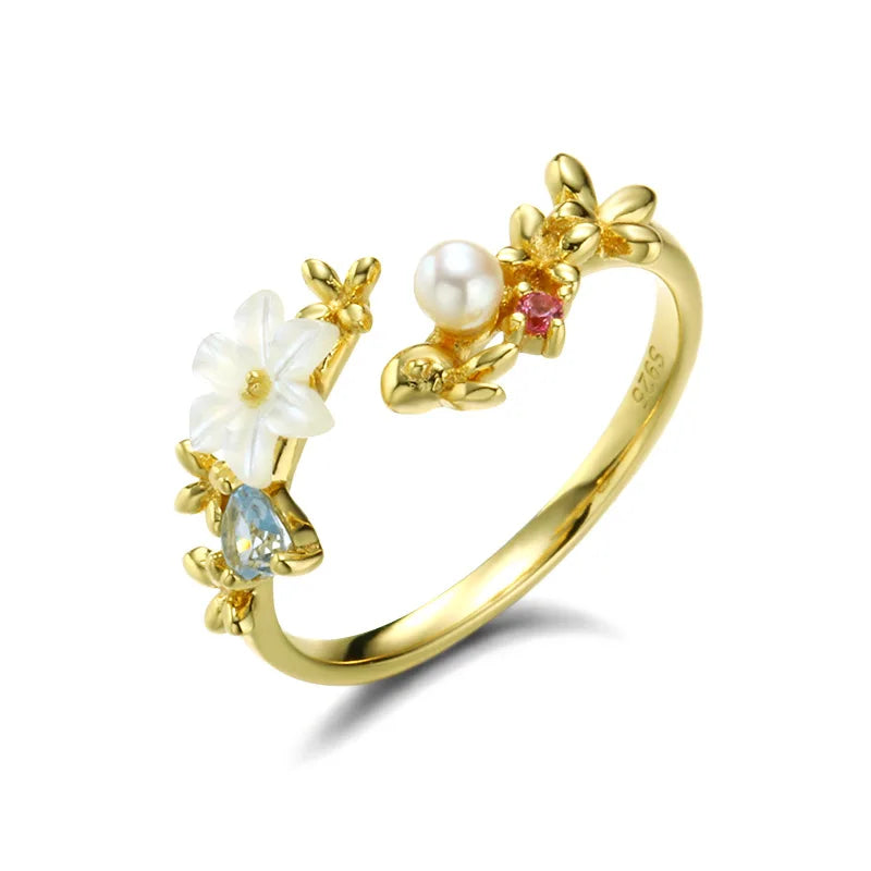 AIJIER Gold Plated 925 Sterling Silver White Baroque Pearl Spring Flower Adjustable Ring with Claw Setting for Women