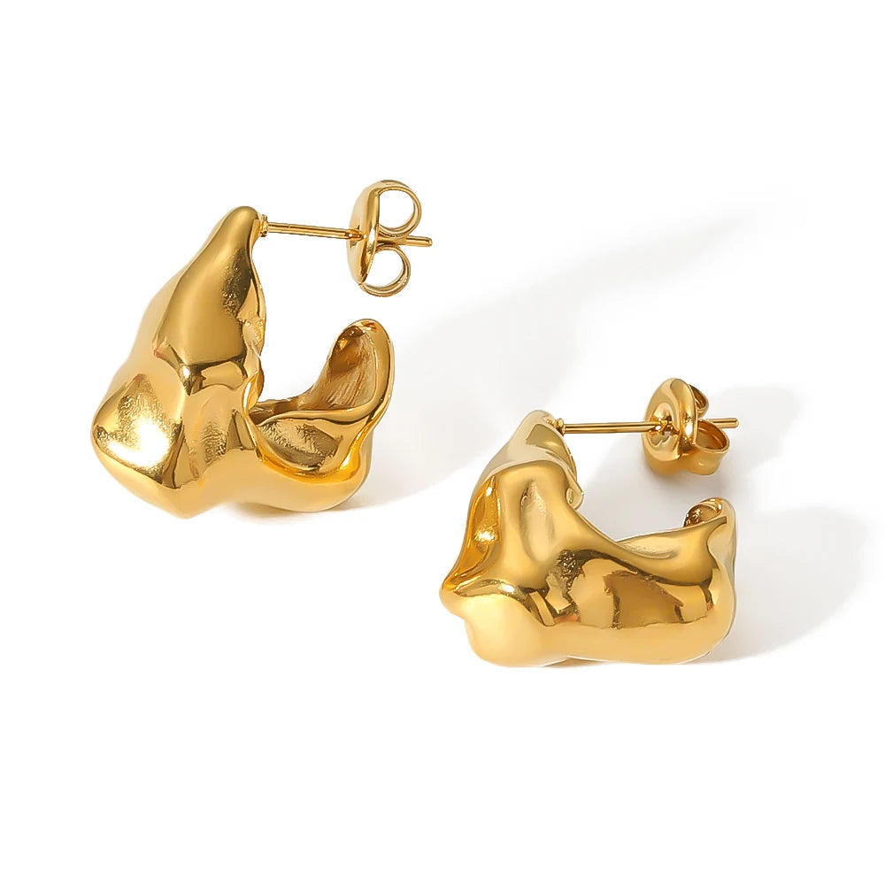 Retro Romantic Stainless Steel 18K Gold Plated Peculiar Irregular Wave Curve Embossed Women Earrings