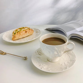 2026 QIAN HU Home Retro Restaurant Coffee Cups Saucers Set Embossed Dim Sum Plate Steam Pitcher Tea Cup Saucer Porcelain Vintage