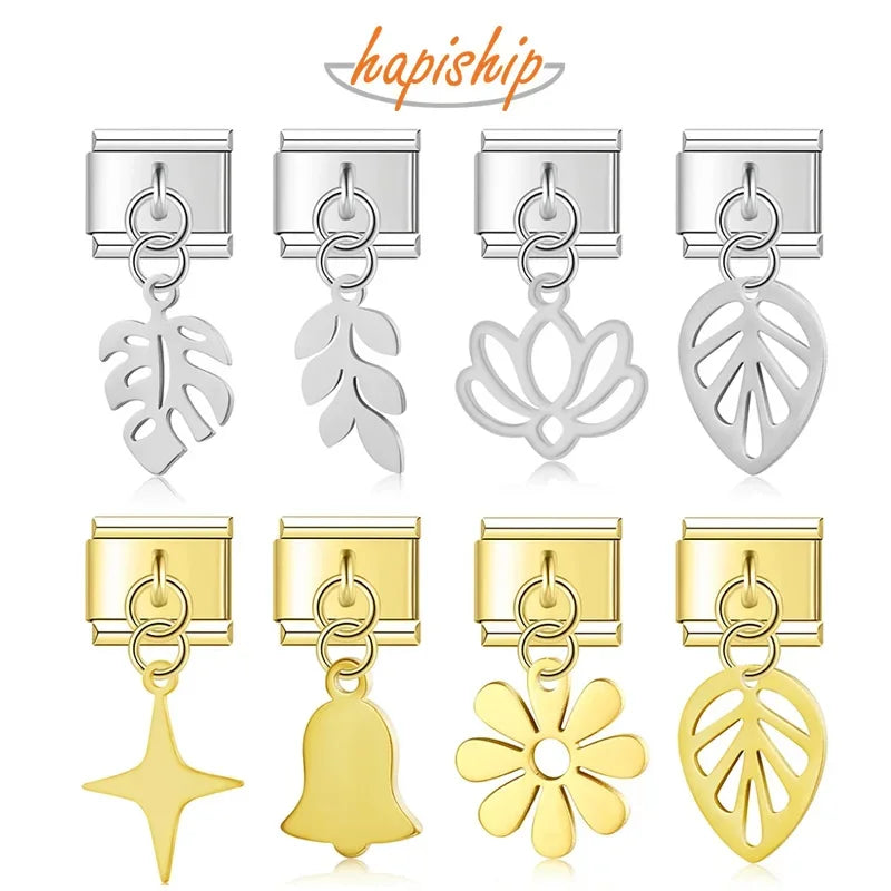 Hapiship 2024 New Fashion Flower Cross Leafs Bell Italian Charm Links Fit 9mm Stainless Steel Bracelet Jewelry DIY Making DJ1501