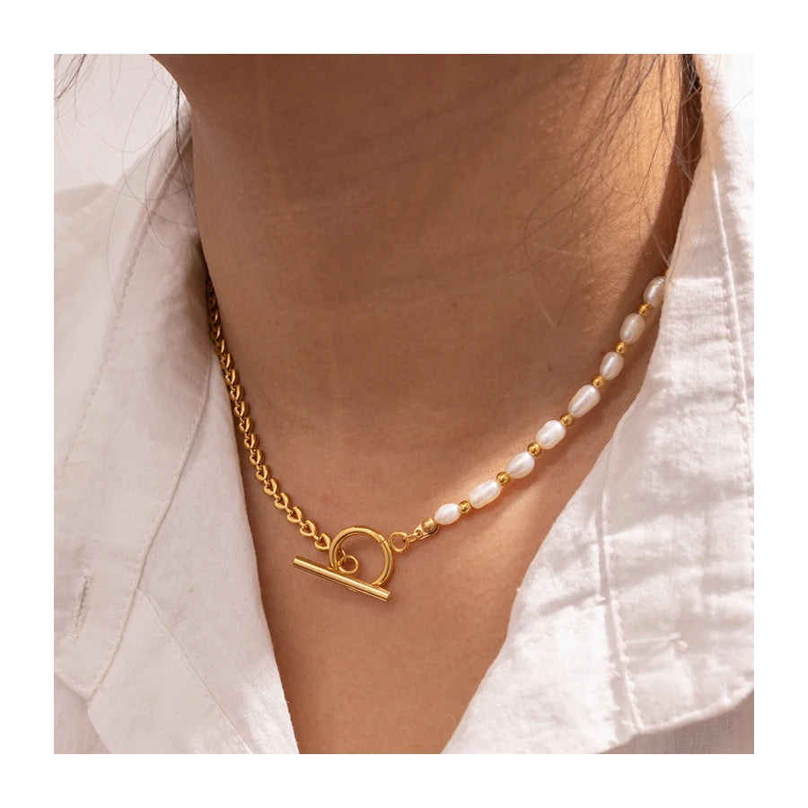 INS 18k Gold Plated Stainless Steel OT Clasp Necklace for Women Fashion Freshwater Pearl Beads Chain Necklaces Jewelry