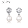 CZCITY Freshwater Pearl Zircon Drop Earing Gold Plated Designer Jewelry 925 Silver Flower Earrings
