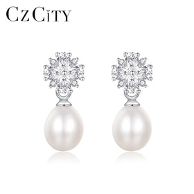 CZCITY Freshwater Pearl Zircon Drop Earing Gold Plated Designer Jewelry 925 Silver Flower Earrings