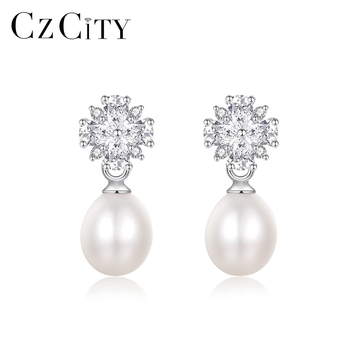 CZCITY Freshwater Pearl Zircon Drop Earing Gold Plated Designer Jewelry 925 Silver Flower Earrings
