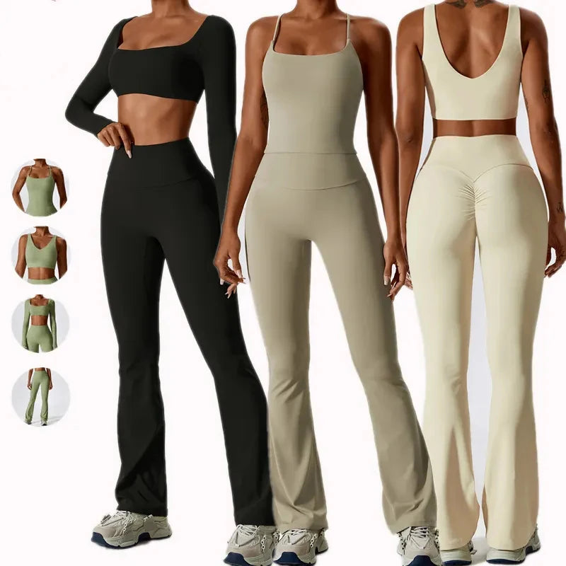 Yoke New Style Women Gym Clothing Yoga Flare Pants Set High-waisted Leggings Long Sleeves Top Fitness Sports Suits