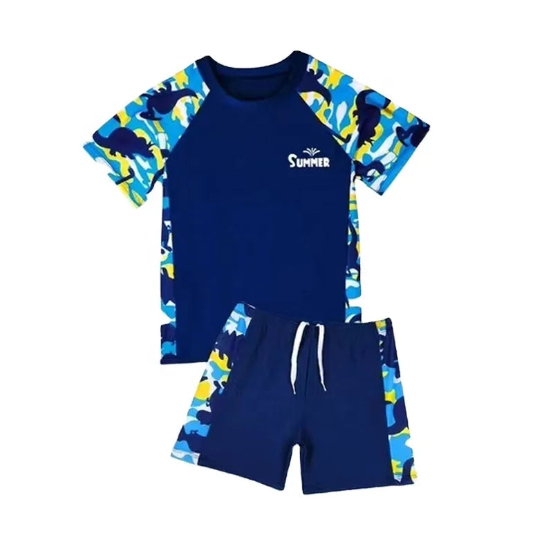 RRFS-70050 Boys' Cartoon Swimwear 2 Piece Set Quick Dry Back Zipper Short Sleeve Anti-UV Windproof Surfing Suit