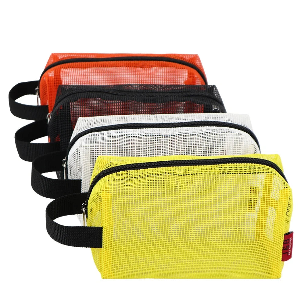 Air Moisture Permeability Travel Polyester Plastic Mesh Makeup Cosmetic Pouch Bag With Zipper Hanging Toiletry Wash Bag