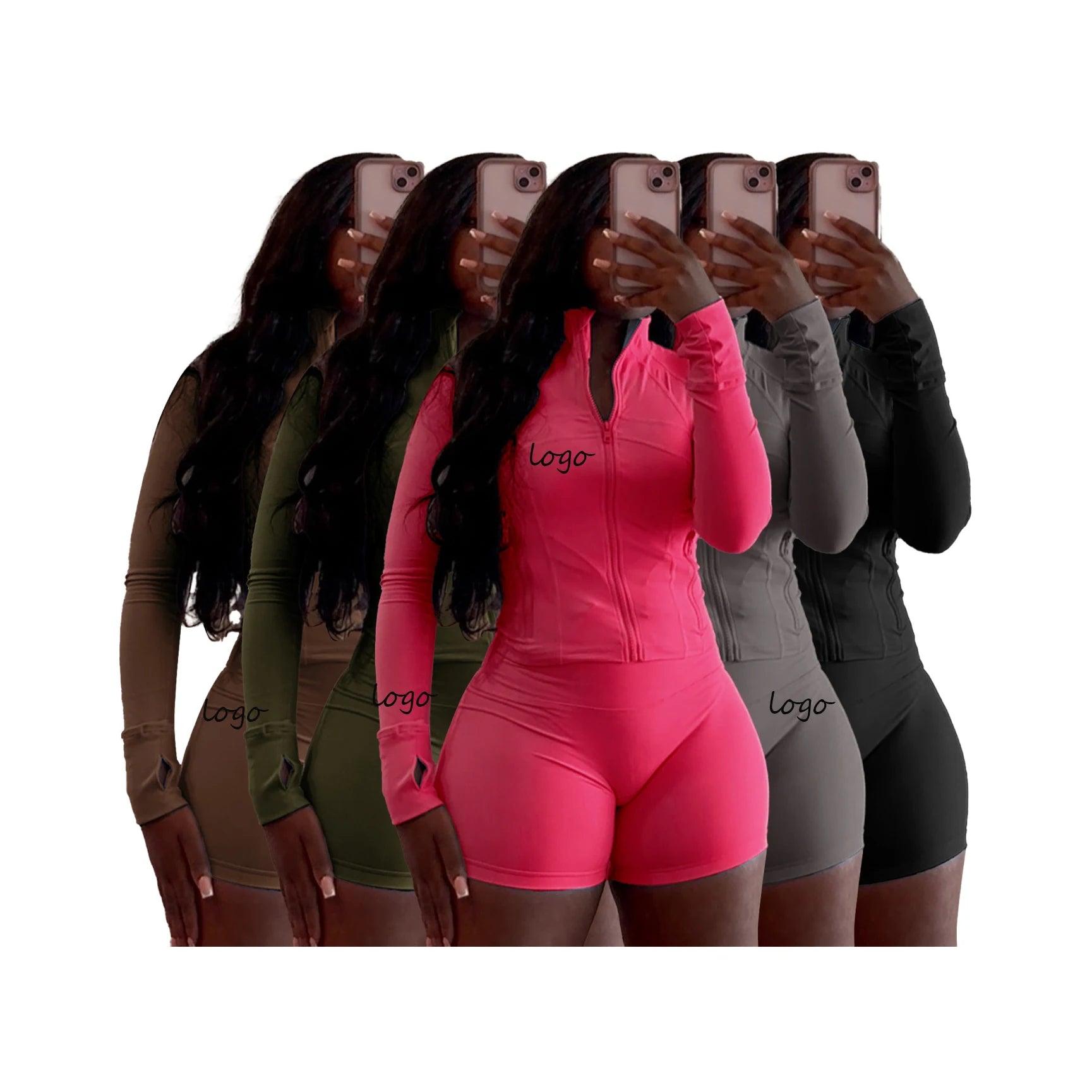2025 Spring Women Zipper Solid Turtleneck Long Sleeve Jacket and Skinny Straight Shorts Yoga Leggings 2 Pieces for Women
