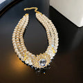 Crystal Diamond Multi-row Pearl Exaggerated Short Choker Necklace Rhinestone Layered Necklace