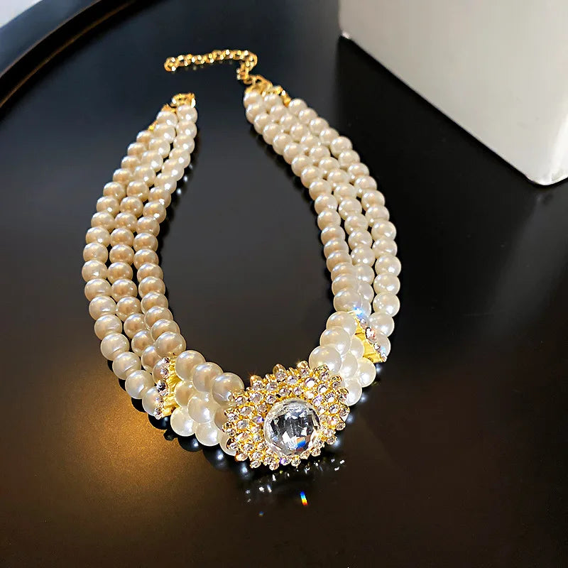 Crystal Diamond Multi-row Pearl Exaggerated Short Choker Necklace Rhinestone Layered Necklace