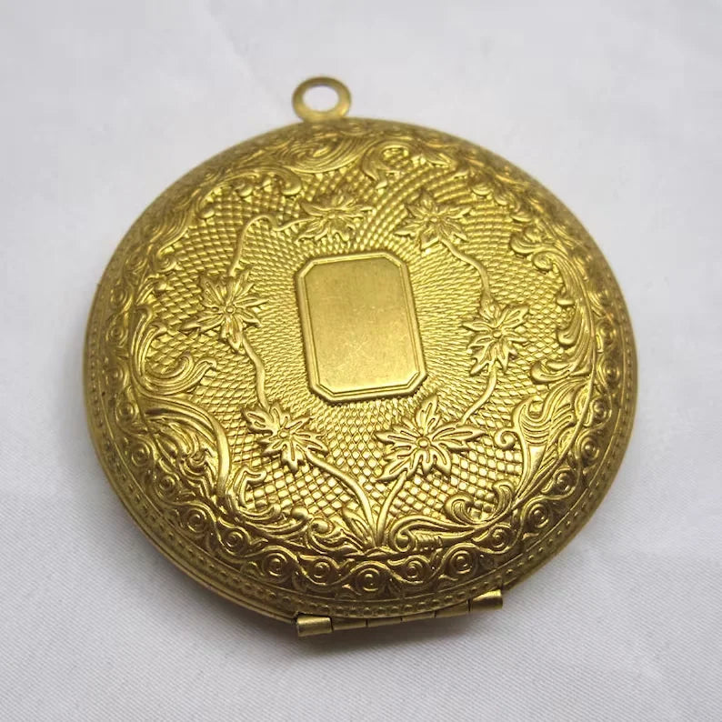 51mm Flower Photo Locket Round Brass Filigree Necklace Pendant