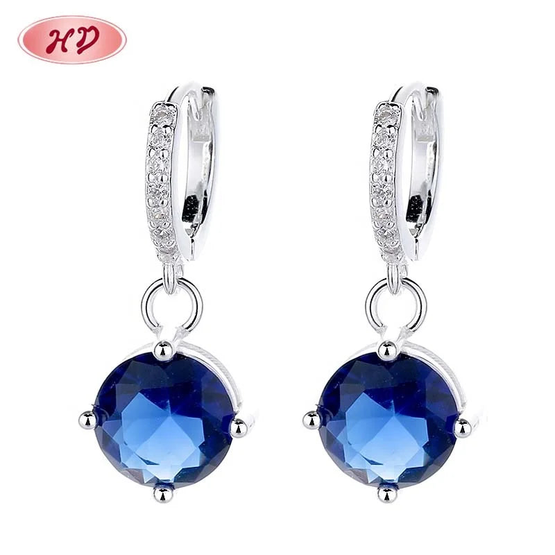 Blue Circle Cubic Zirconia for Girls Vintage Engagement Wedding 925 Fine Women Jewelry Drop Earrings