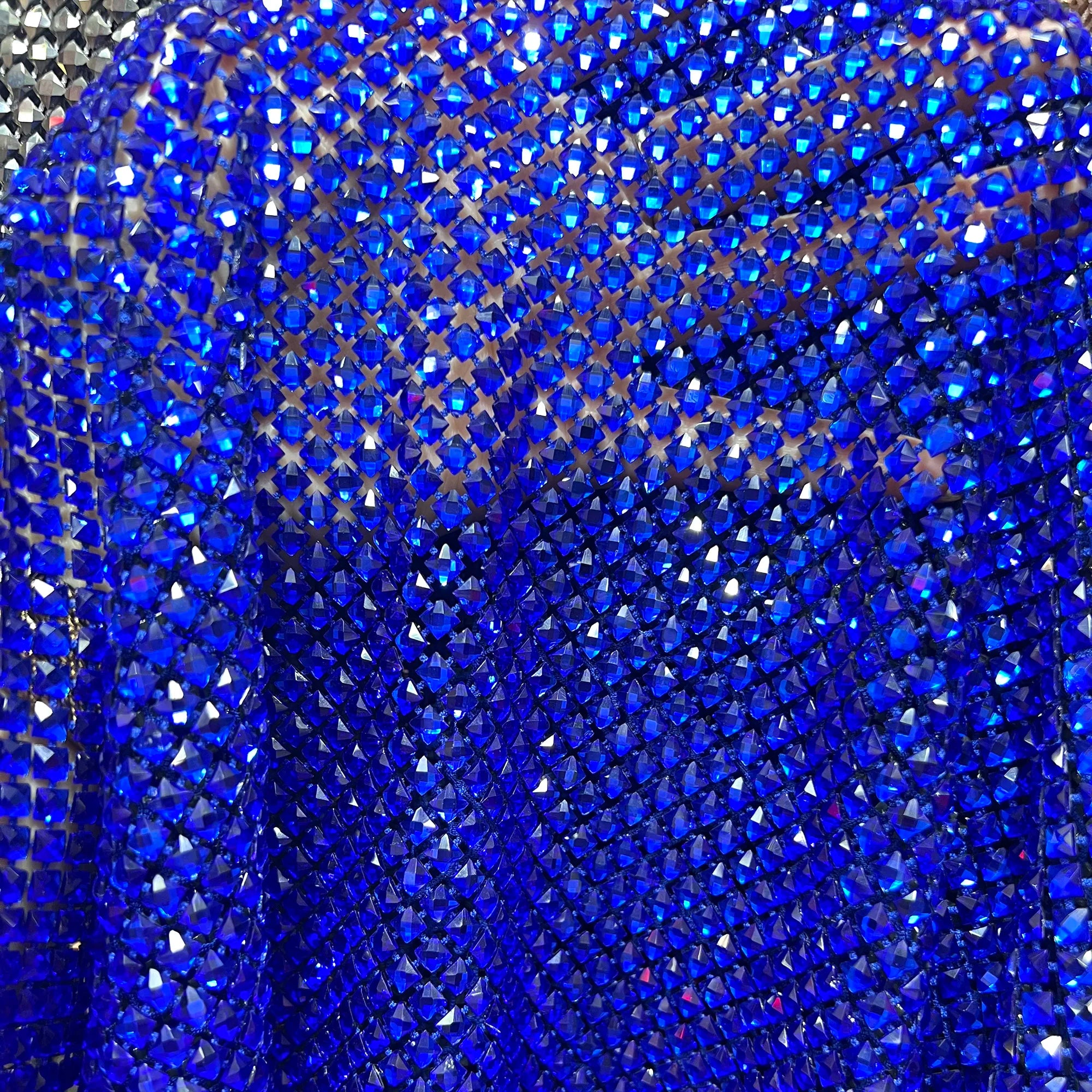 Haute Couture Royal Blue Crystal Rhinestone Square Diamonds Rhinestone Beaded Mesh Fabric