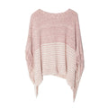 Landfond Accessory Women's Elegant Knitted Shawl Poncho With Fringed V-Neck Striped Sweater Pullover Cape