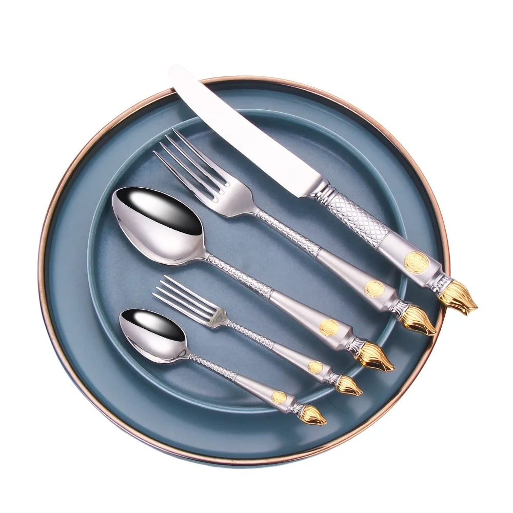 18-10 Stainless Steel Gold Plated Spoon Fork and Knife Cutlery Set Sand Blasting Heavy Duty Flatware Set for Wedding Hotel