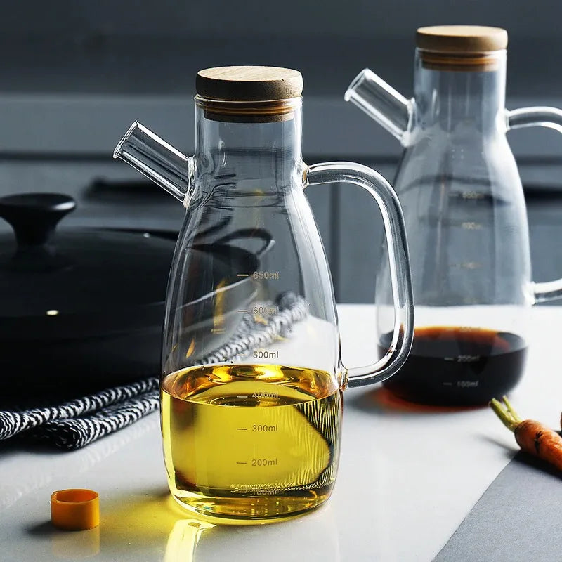 500/650/1000ml Transparent Glass Oil Bottle with Handle Scale Heat-resistant Lecythus Kitchen Tools Soy Vinegar Sauce Container