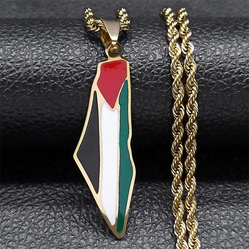 Wholesale Silver Gold Plated Palestine Twisted Rope Chain Necklace Stainless Steel Israel Palestine Map Flag Necklace