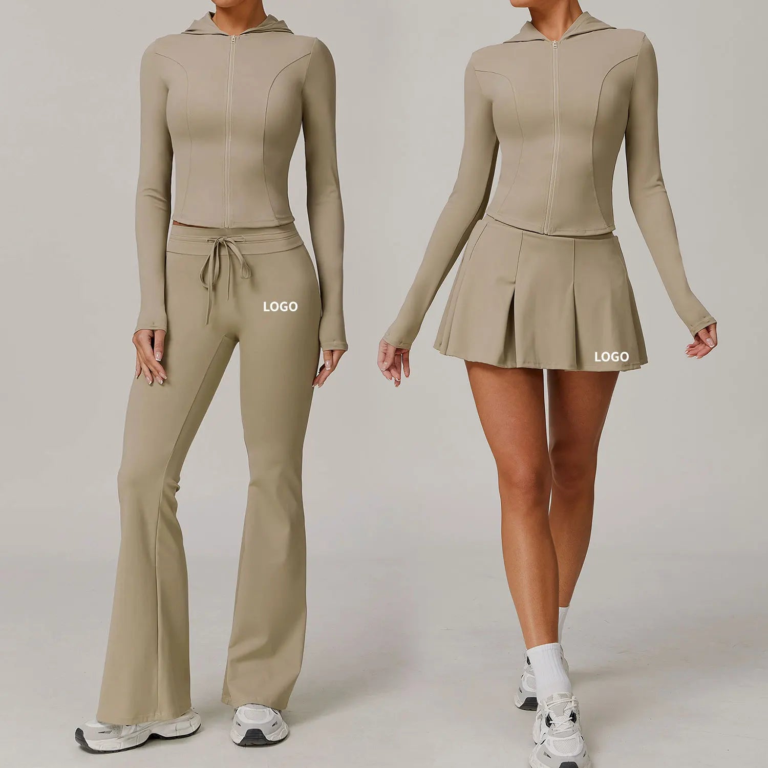 Women's Custom Gym Fitness Suit with Breathable Sun Skirt Pants and Long Sleeve Tops Sports Jackets