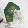 Gold Foil Vellum Warp Clear Acrylic Wedding Invitation with Green Envelope Wax Seals MegaBDM