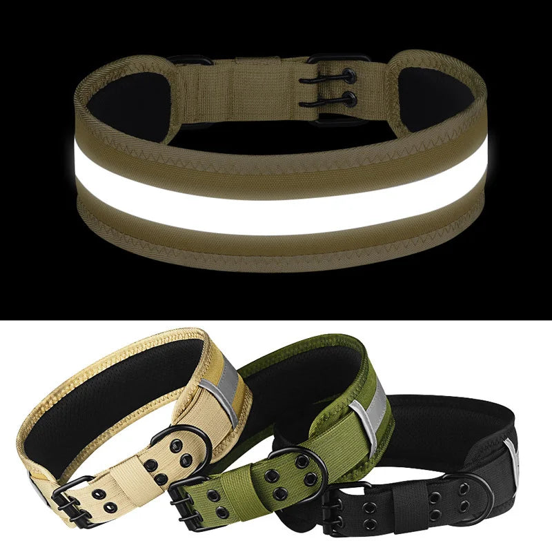 Reflective Nylon Pet Collar Leather Adjustable Designer Thick Padded Tactical Wide Dog Collar for Medium Large Dogs