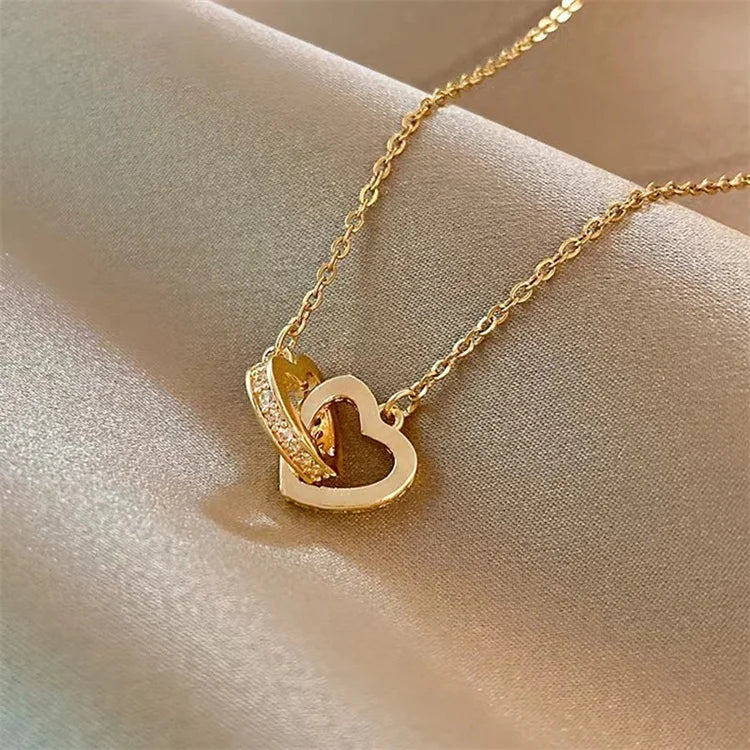 Wholesale New Stainless Steel 18k Gold Plated Cute Necklace Design Zircon Choker Double Heart Necklace