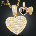 Wholesale Price 40mm Gold Plated Brass AAAAA Baguette CZ Diamond Custom Photo Necklace Heart Pendant With Chain