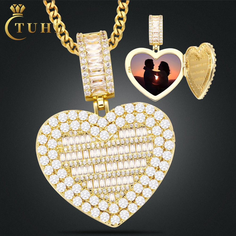 Wholesale Price 40mm Gold Plated Brass AAAAA Baguette CZ Diamond Custom Photo Necklace Heart Pendant With Chain