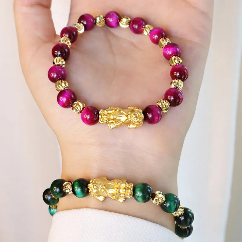 10mm Natural Stone Green Rose Tiger Eye Round Bead Copper Matte Gold Lucky Pixiu Bracelet for Women Girls Friendship Gift