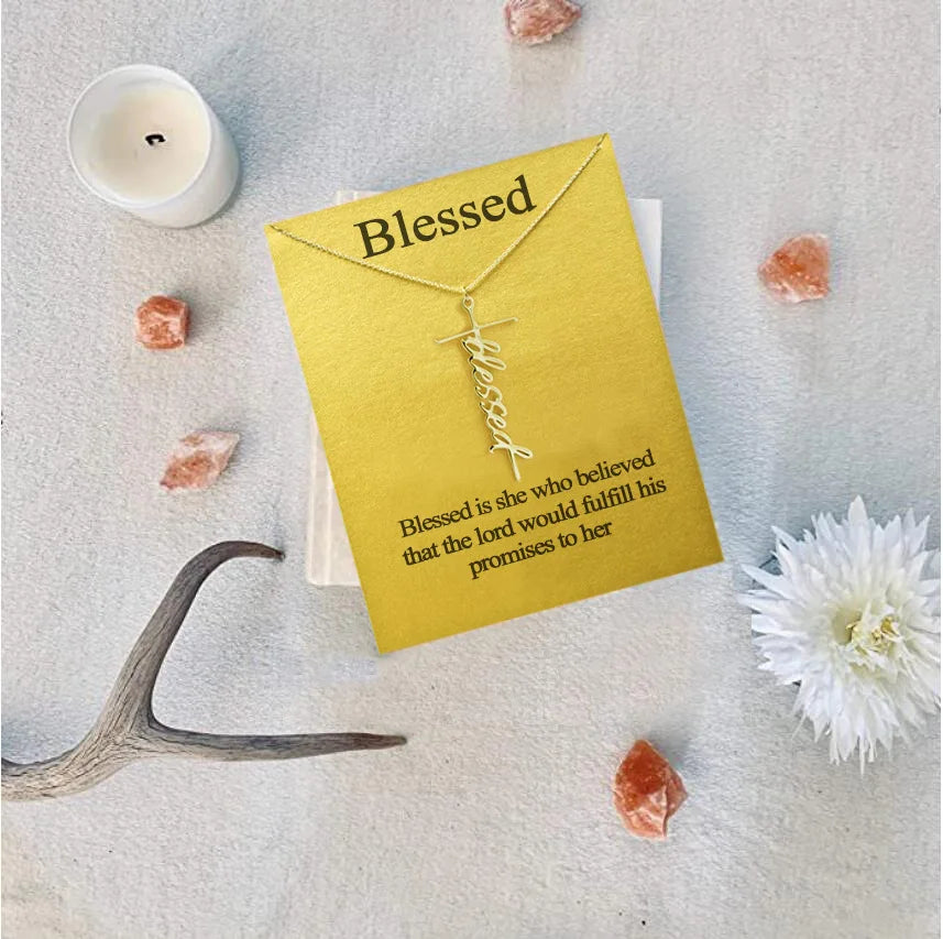Women's Fashion Accessory Alloy Cross Pendant Necklace Cute God Bless You with Free Luck Gold Plated"