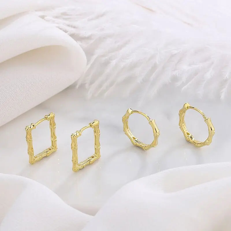 Trendy Dainty Square Gold Vermeil Huggie Earrings Pure 999 Sterling Silver Bamboo Drop Shape for Gift