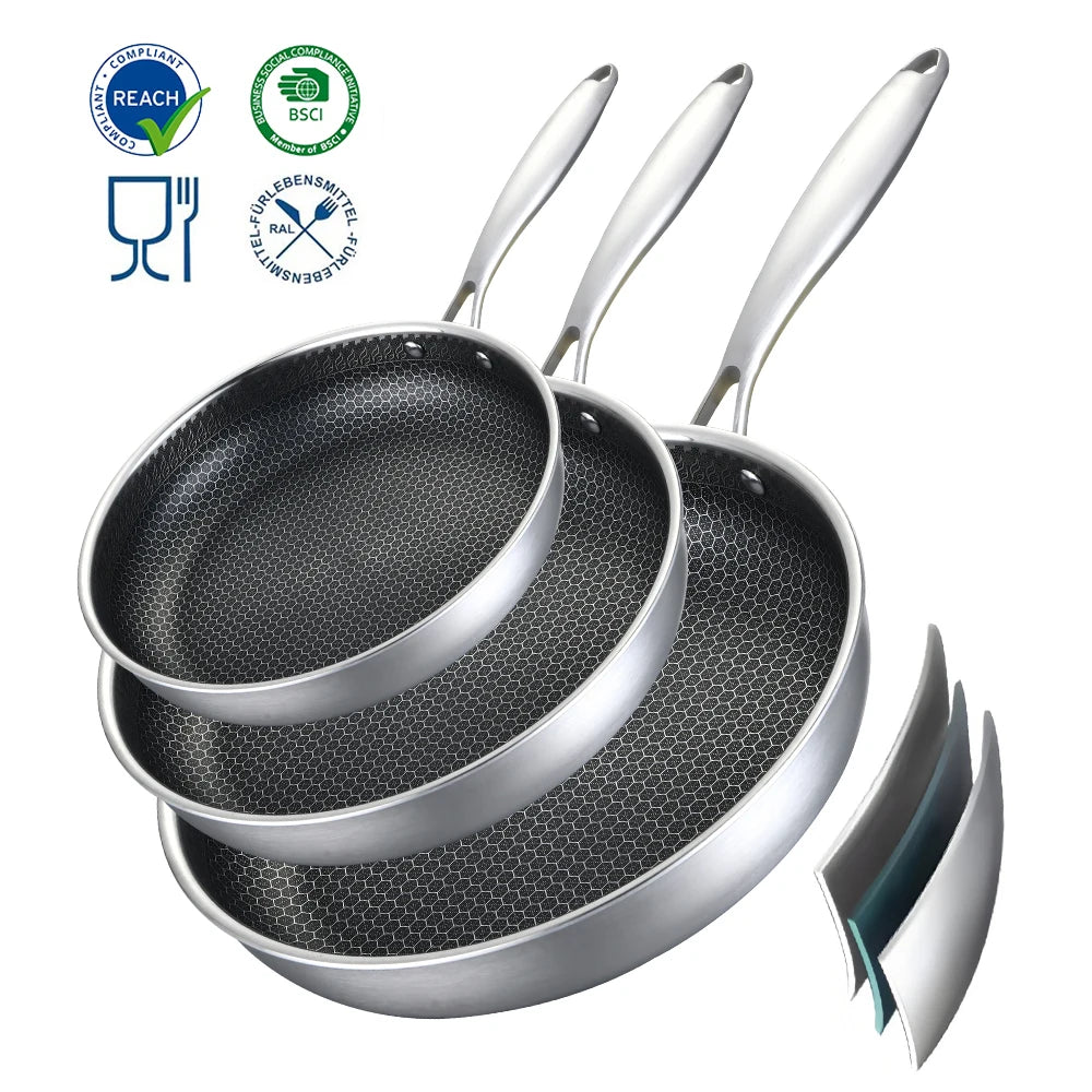 304 Triply Stainless Steel Honeycomb Frying Pan Induction Hybrid Stainless Steel Pan Set for Kitchen