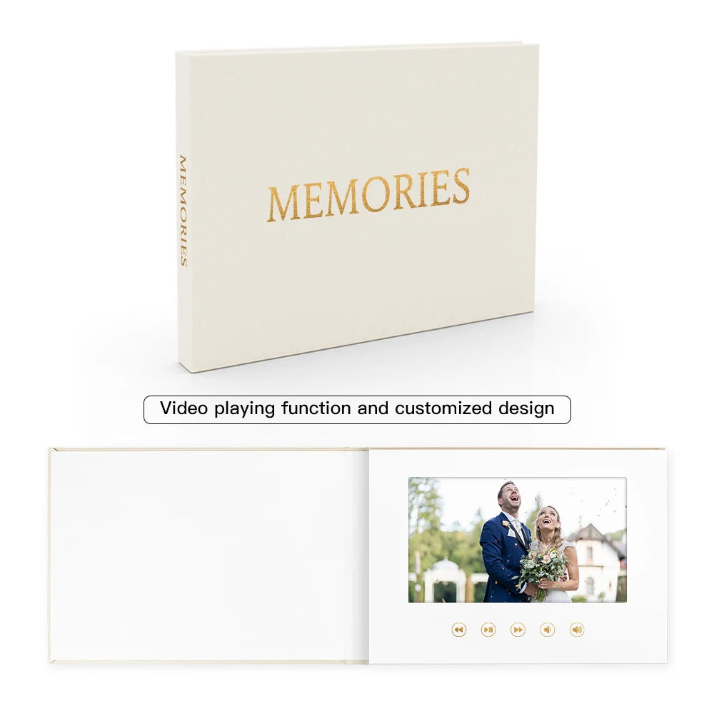 GOLD FOIL Video Brochure That Plays Your Wedding Video with 7 Inch IPS Display Linen Bound Wedding Video Album Video Book