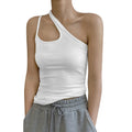 TWOTWINSTYLE Casual Slim Solid T Shirt Skew Collar Sleeveless One Shoulder Asymmetrical Cut Woven Eco-Friendly Fabric Hollow
