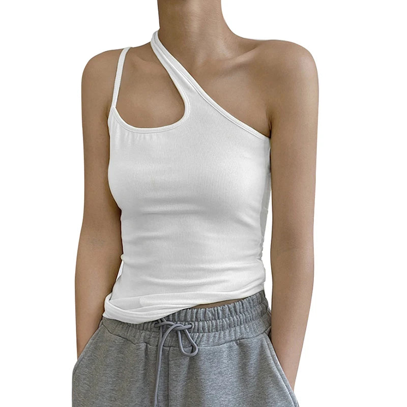 TWOTWINSTYLE Casual Slim Solid T Shirt Skew Collar Sleeveless One Shoulder Asymmetrical Cut Woven Eco-Friendly Fabric Hollow