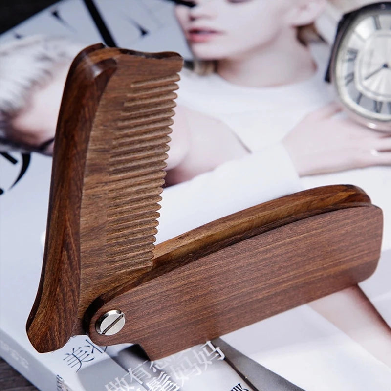 Abeis Custom Logo Beard Comb Foldable Anti-static Wooden Sandalwood Beard Hair Brush Comb for Men