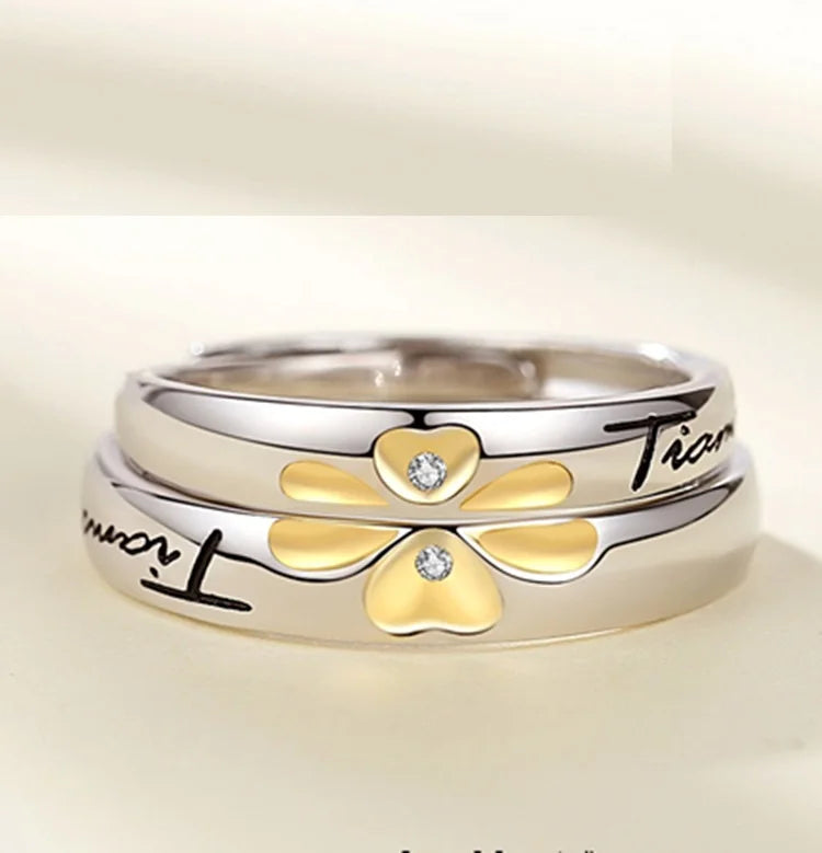Silver Plated Clover Flower Pattern Couple Ring Open Couple Rings for Women Men Wedding Engagement Wedding Jewelry