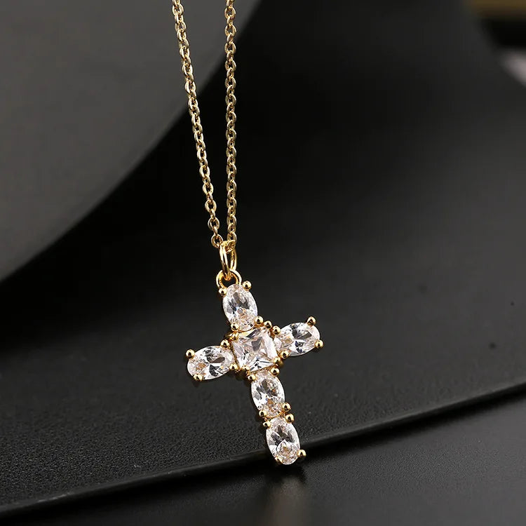 Luxury Rhinestones Crucifix Brass Necklace Simple Crystal Gold Plated Zircon Cross Pendant Clavicle Chain for Women