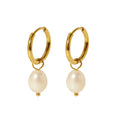 Simple Waterproof 18K Gold Plated Stainless Steel Baroque Freshwater Pearl Dangle Hoop Earring for Women
