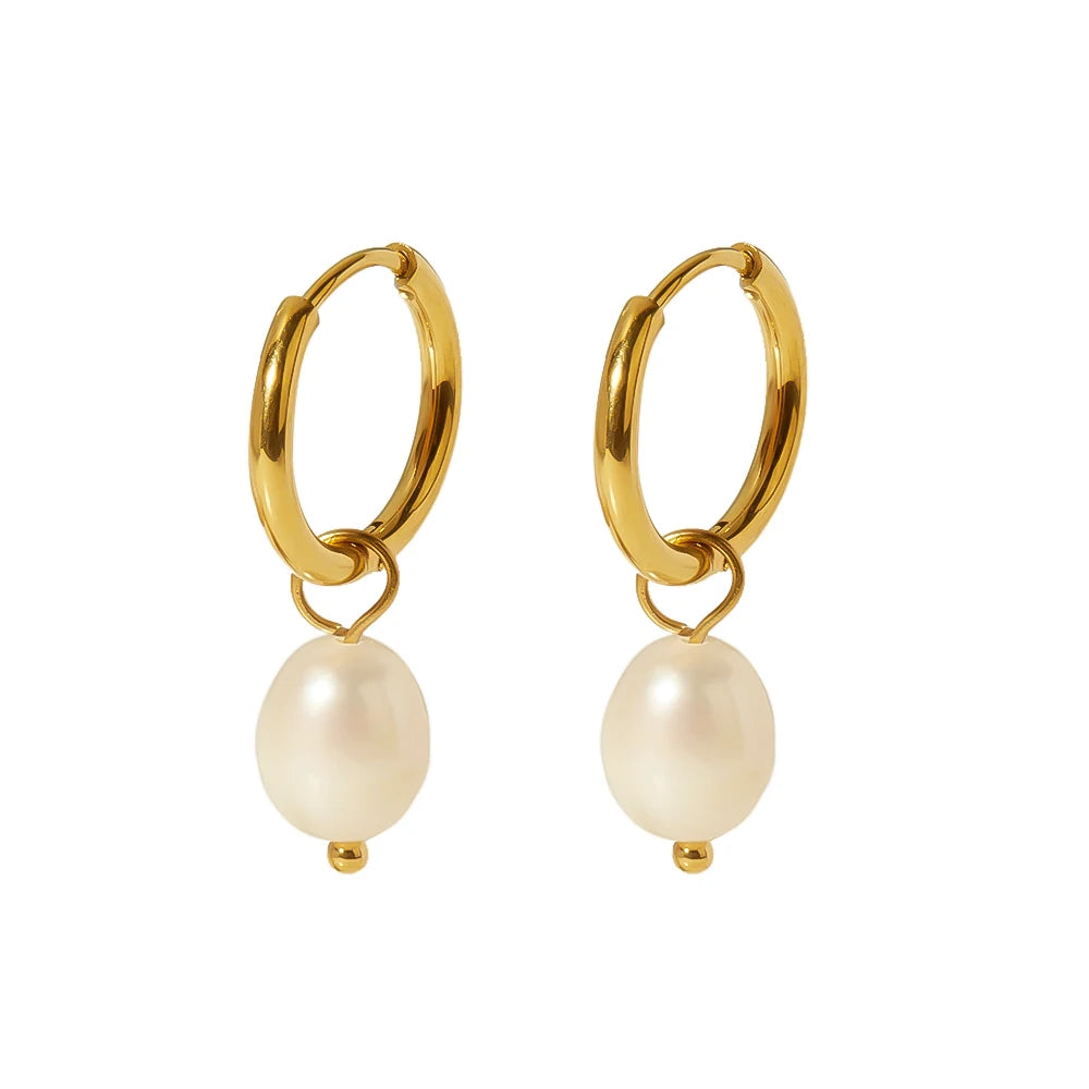 Simple Waterproof 18K Gold Plated Stainless Steel Baroque Freshwater Pearl Dangle Hoop Earring for Women
