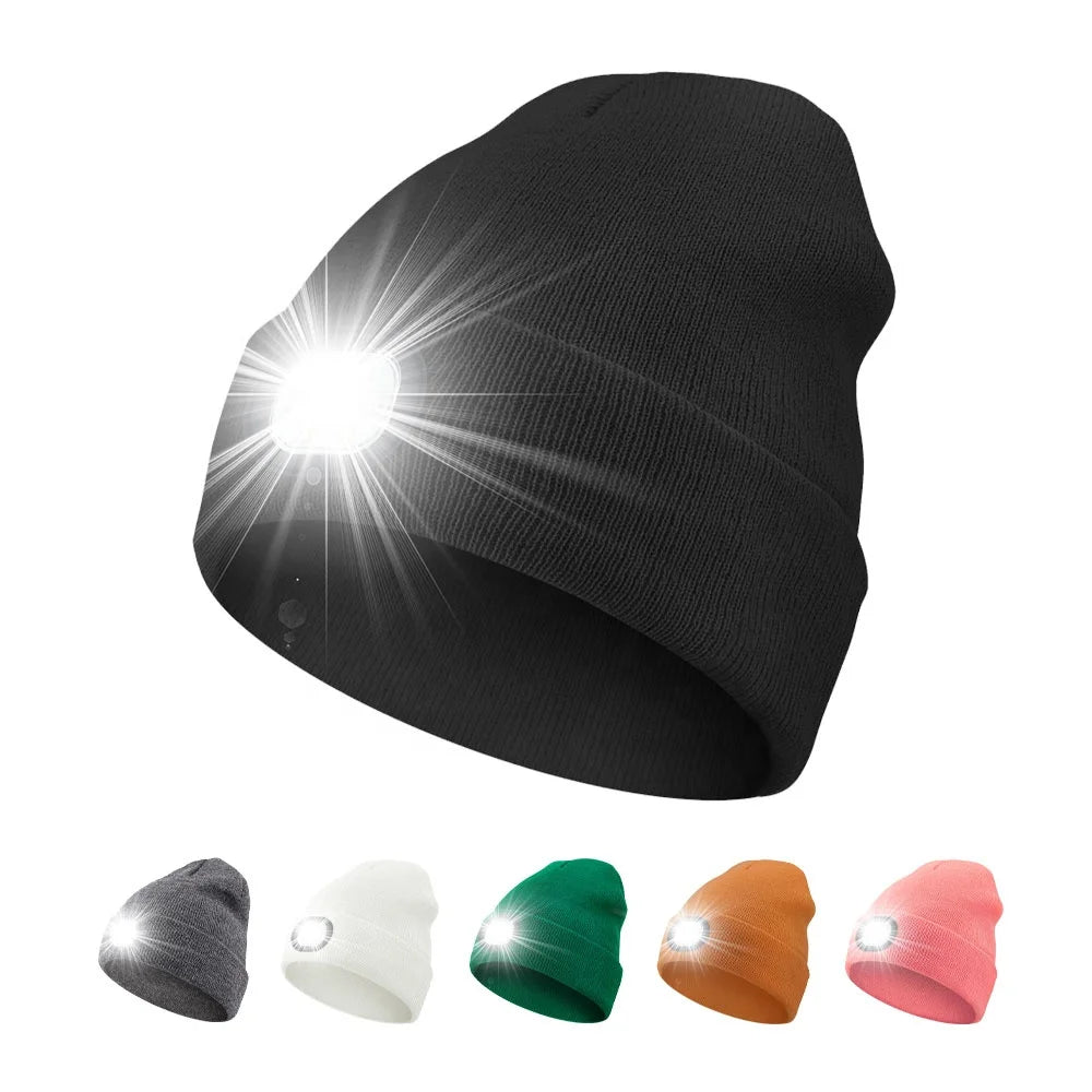 Warm Cuff Winter Hat for Men and Women Rechargeable LED Light Beanie with 3D Embroidered Skullies for Business and Travel